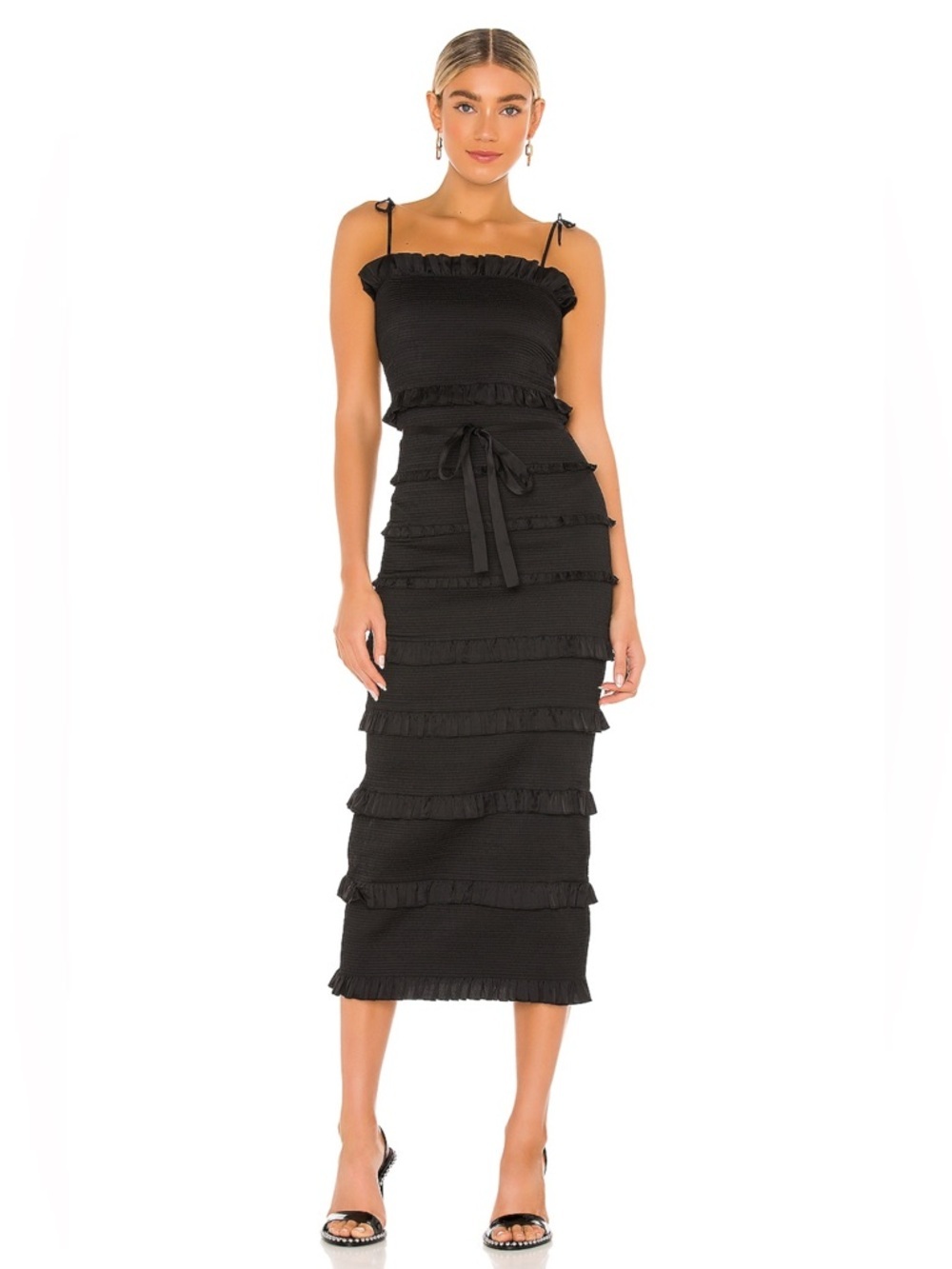 V. Chapman Lily Tiered Bodycon Ruffle Midi Dress Black